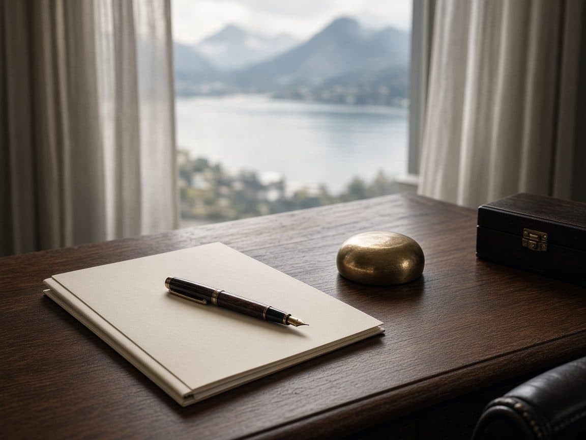 Bureau d’assurance : stylo, chemise crème, lumière du nord.