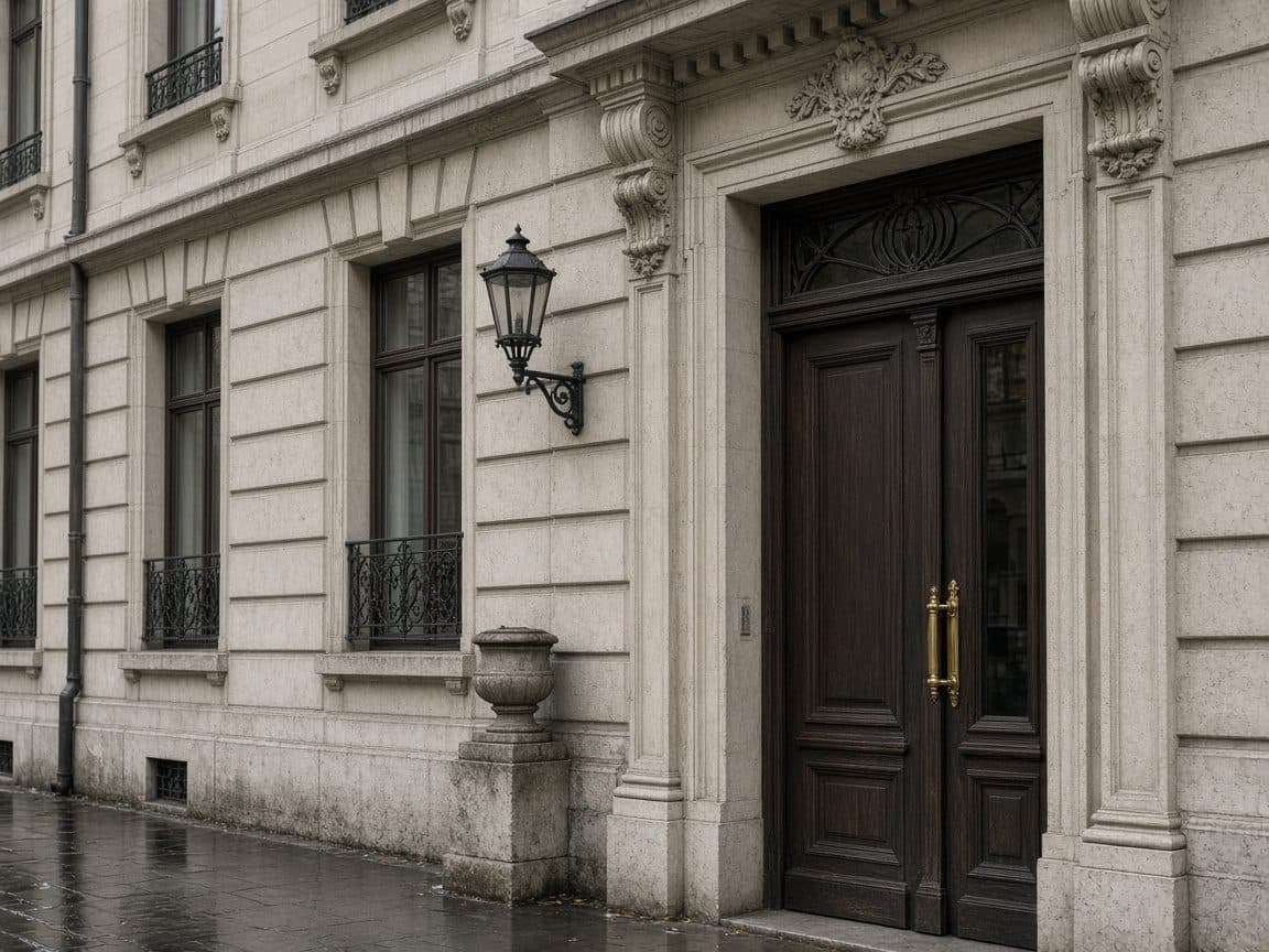 Façade de pierre et poignée de laiton, institution de prévoyance à Genève.
