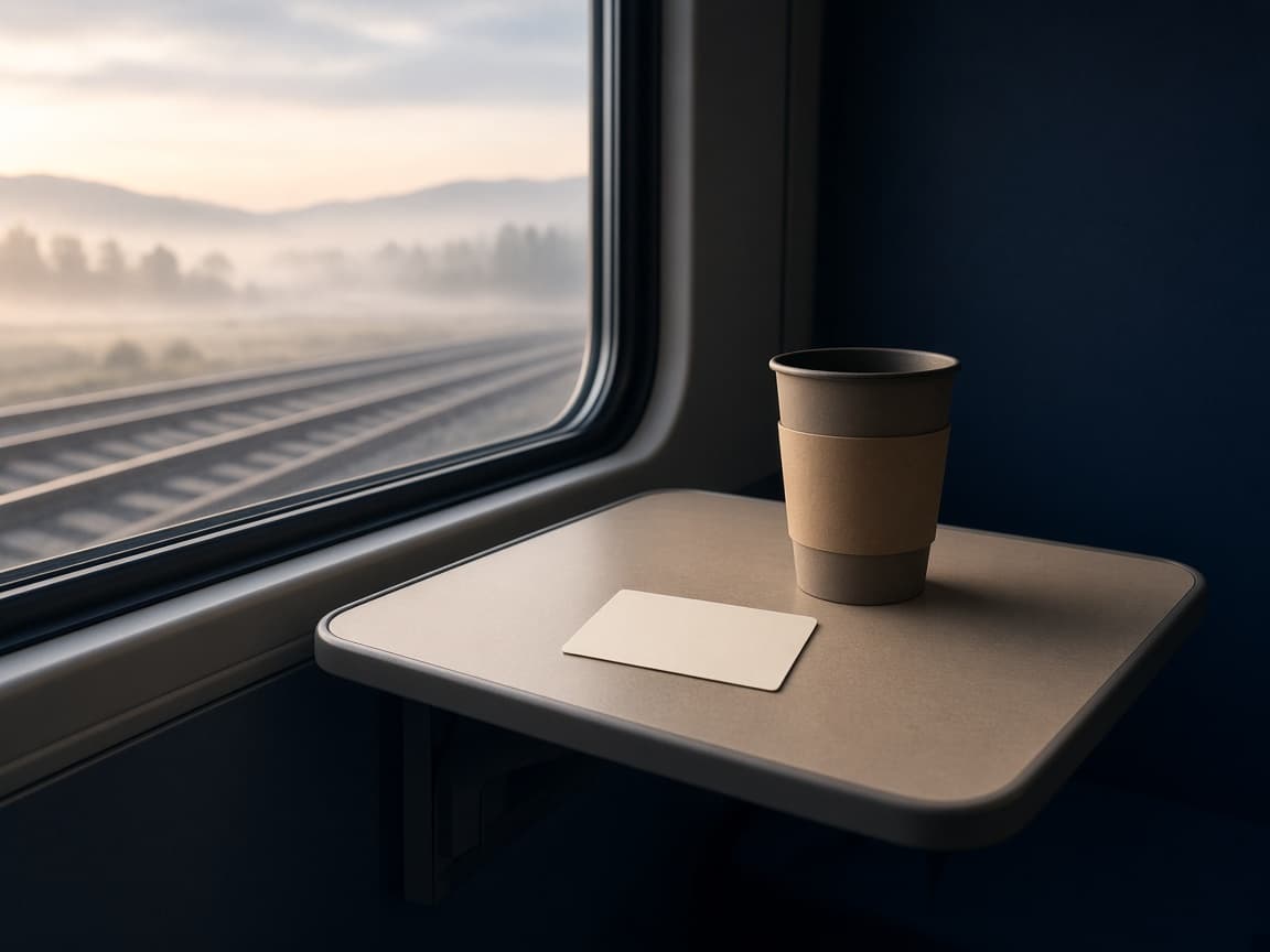Café et carte vierge sur une tablette de train : AVS suisse du frontalier.