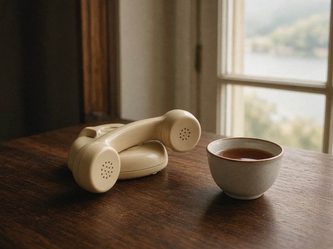 Téléphone de bakélite et tasse de thé, bureau face au lac.