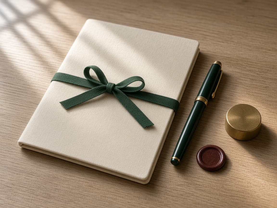 Chemise de lin crème, stylo vert et sceau de cire : déductions fiscales du 3e pilier.