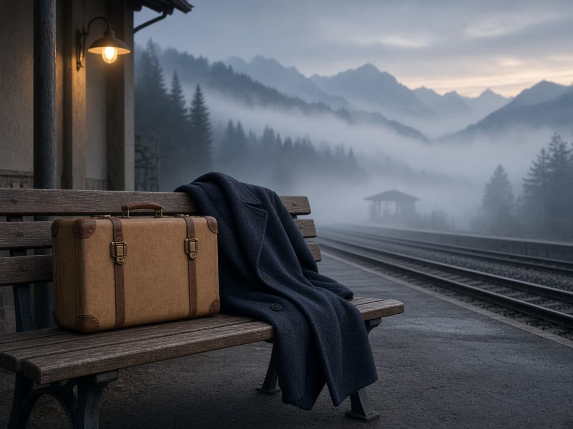 Valise de cuir sur un quai de gare suisse à l’aube : départ et retrait du 3a.