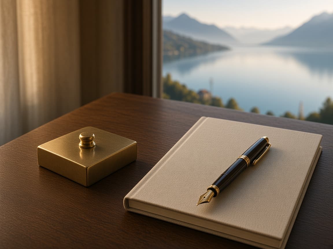 Livret fermé et stylo sur un bureau face au lac : lire le barème finpension 3a.