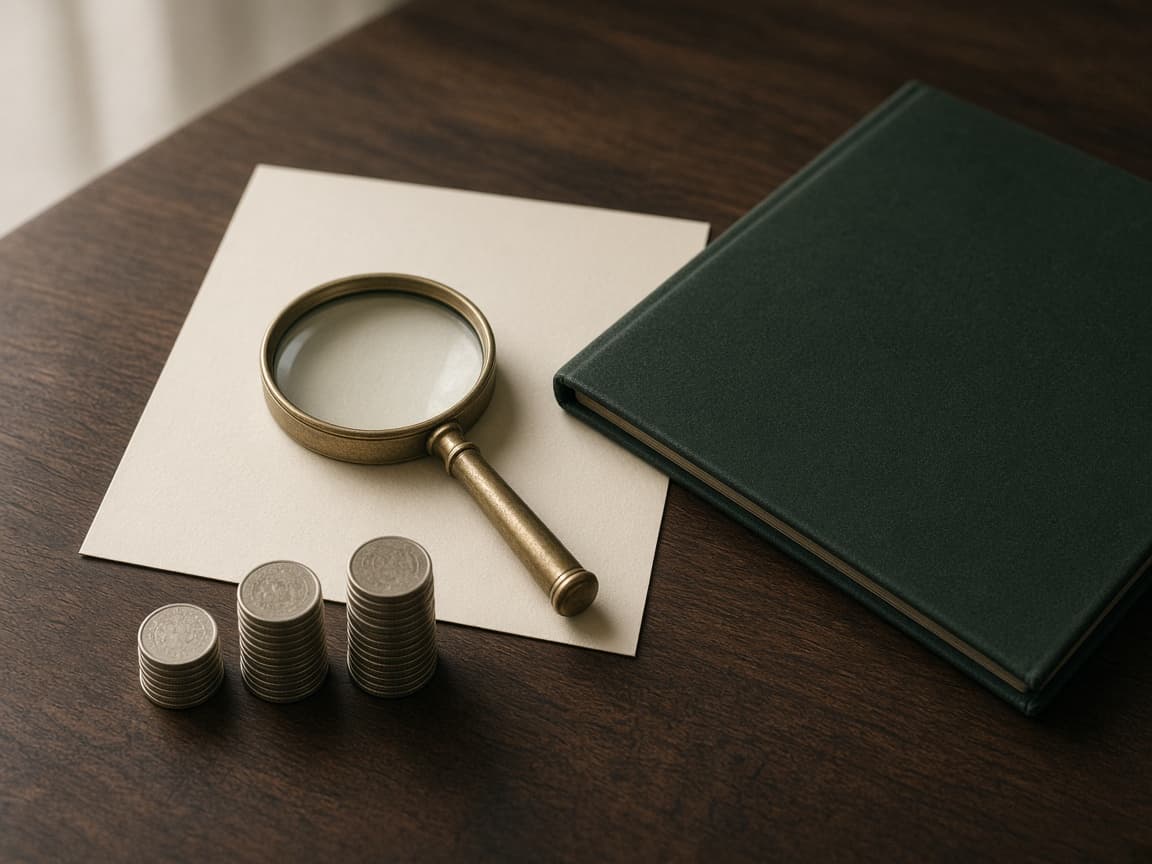 Loupe de laiton et piles de pièces : frais d’un 3a en banque ou en assurance.
