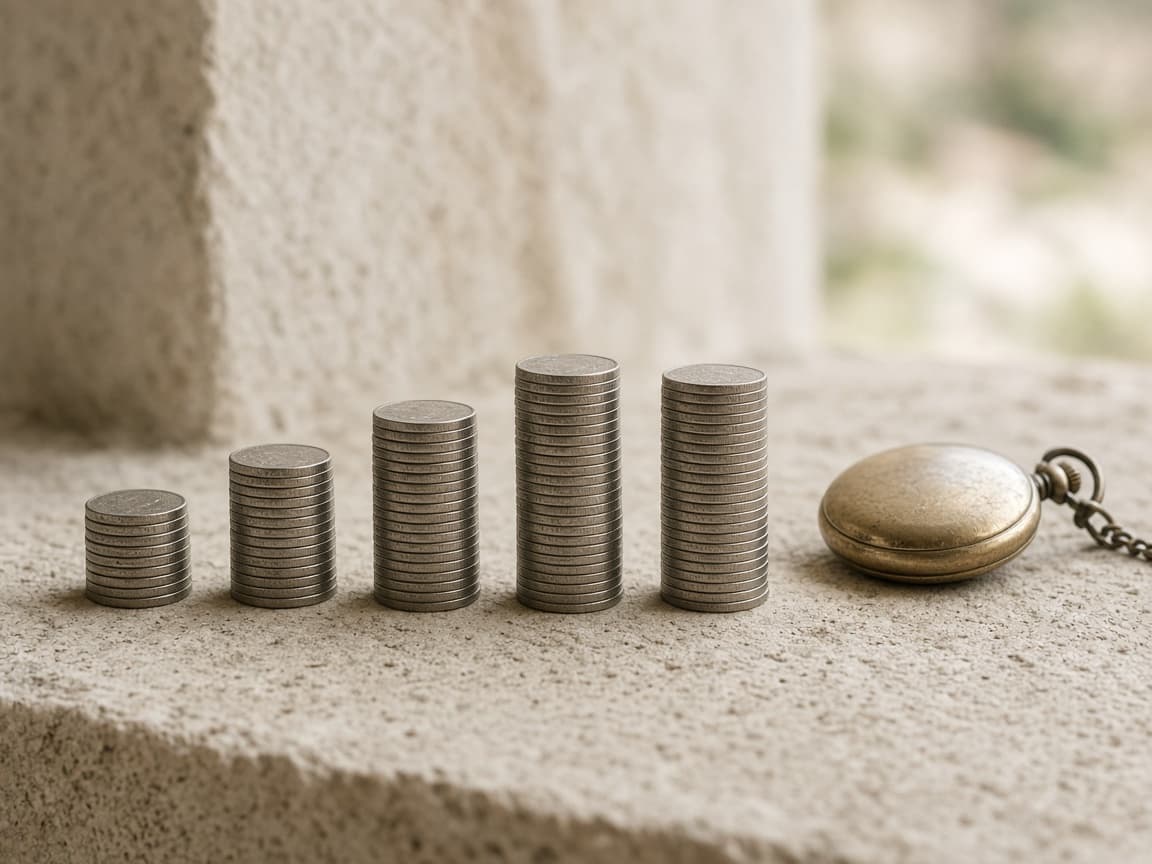 Piles de pièces en progression et montre de gousset : série des plafonds 3a.