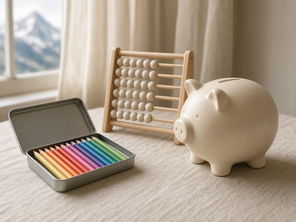 Tirelire de céramique et crayons : constituer une épargne enfant.