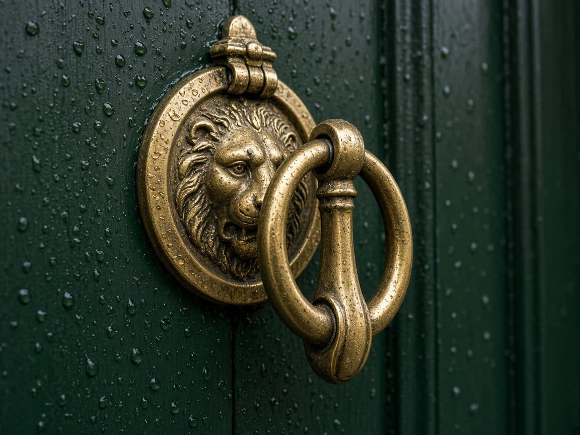 Heurtoir de laiton sur bois vert, détail d’un portail genevois.