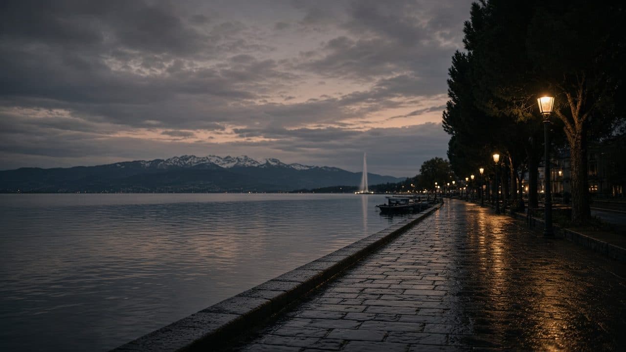 Le Léman au crépuscule, quais de Genève, lumières de tungstène sur l’eau.