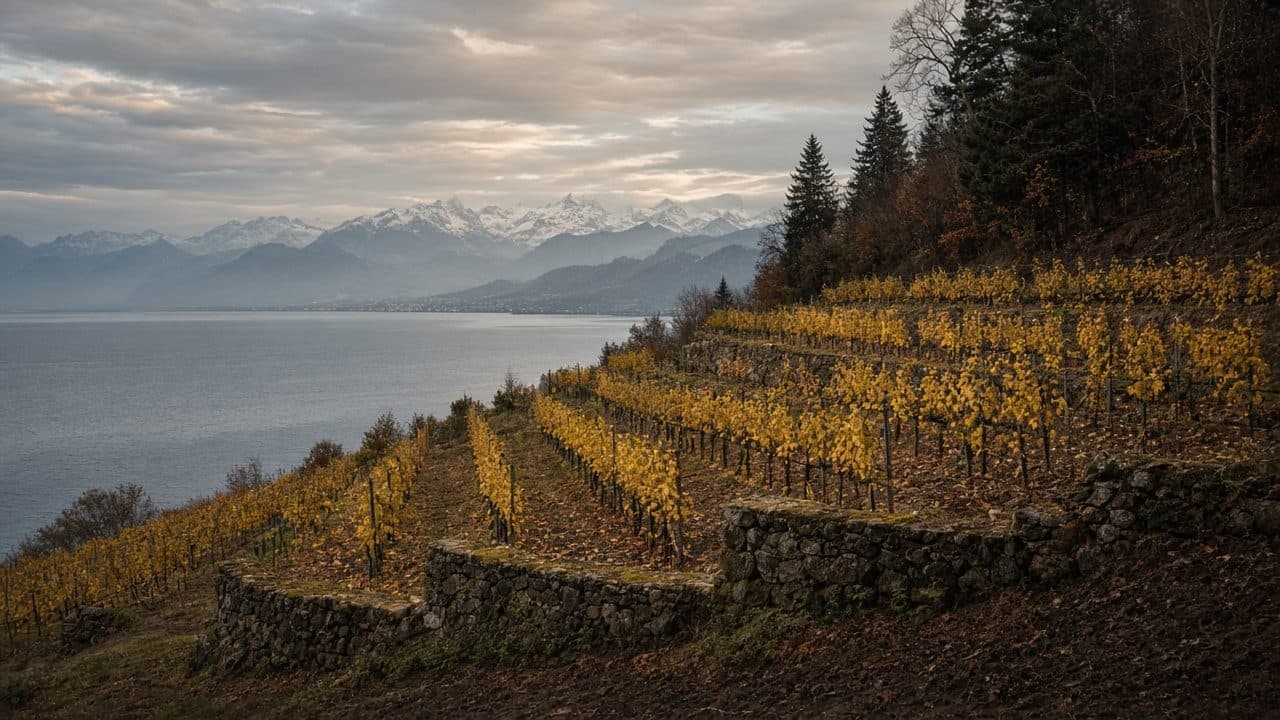 Terrasses de Lavaux au-dessus du lac Léman, fin d’automne.