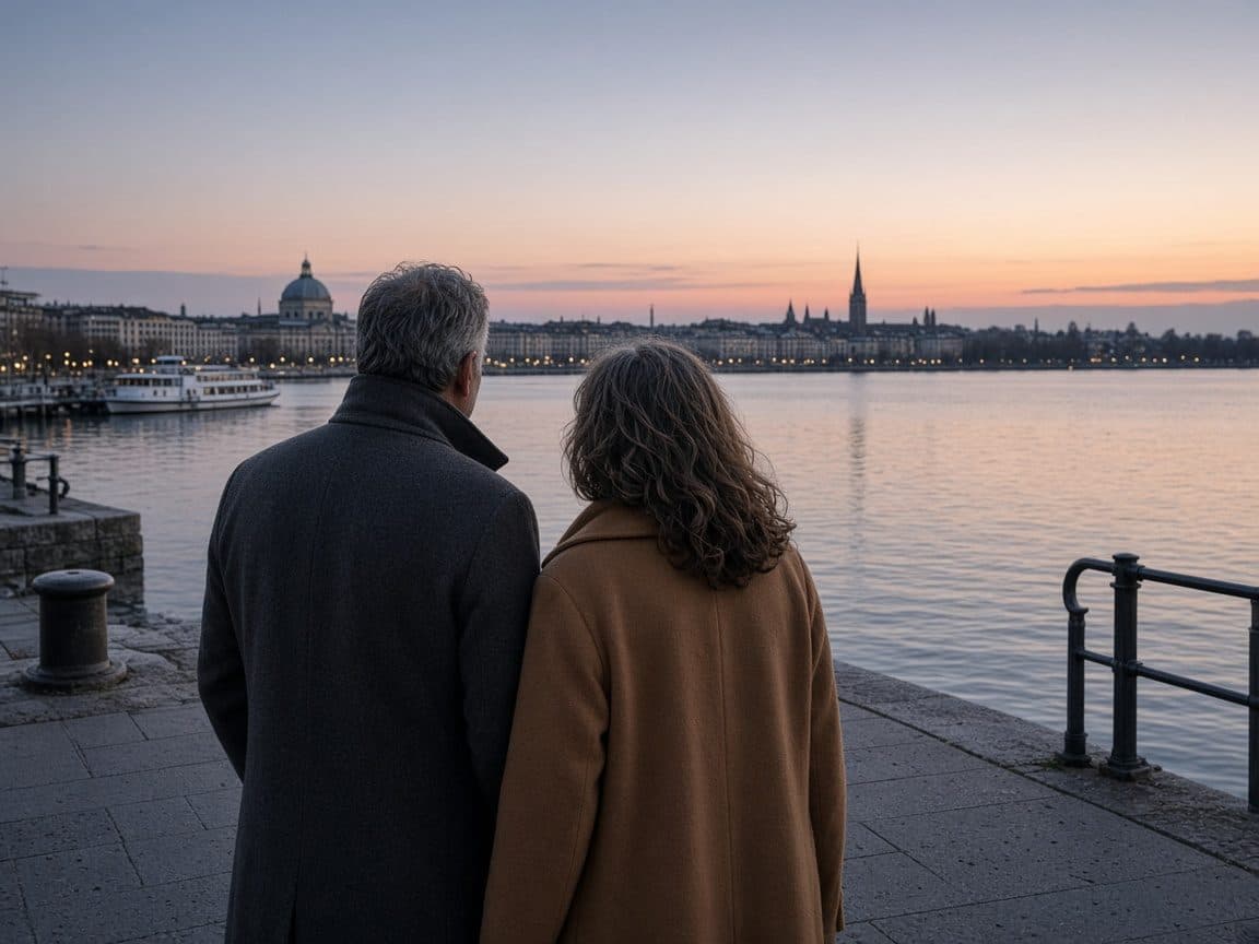 Couple sur un quai de Genève, regard vers le lac.