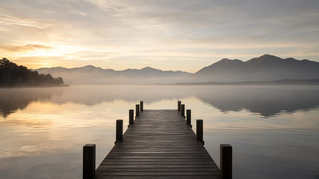 Aube brumeuse sur le Léman, ponton de bois.