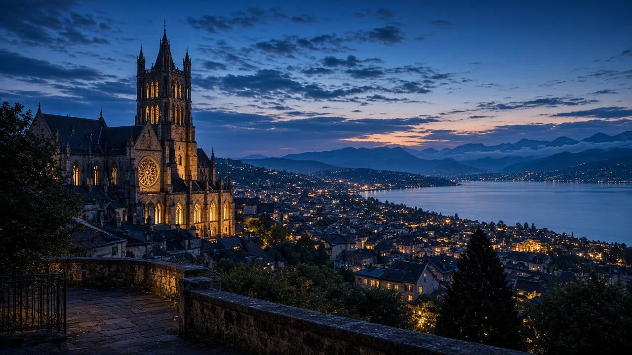 Lausanne et le lac vus d’une terrasse au crépuscule, canton de Vaud.