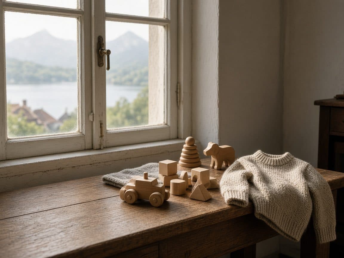 Jouets en bois près d’une fenêtre, lumière du matin, épargne enfant.