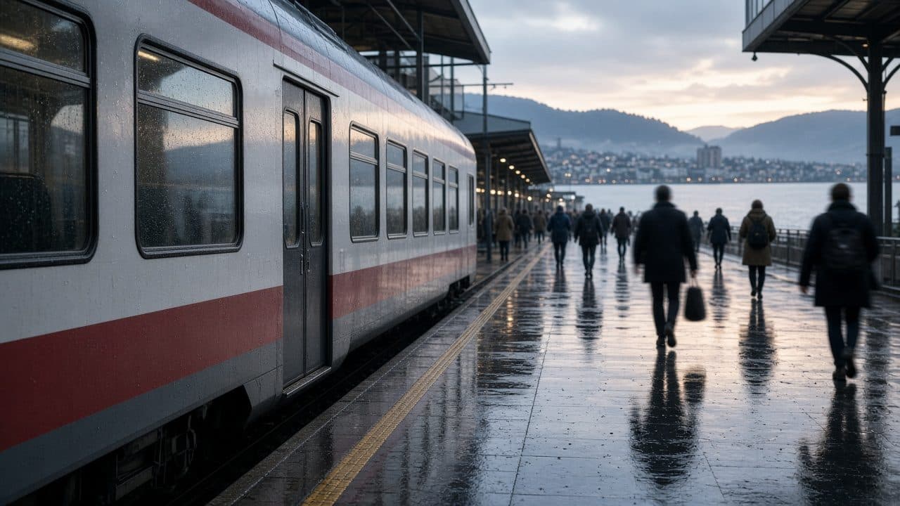 Quai de gare à Genève à l’aube, trajet de frontalier.