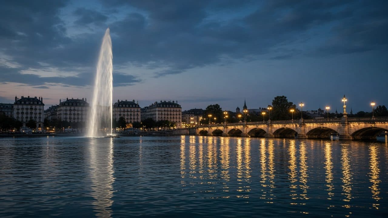 Le Jet d’eau de Genève et le pont du Mont-Blanc à l’heure bleue.